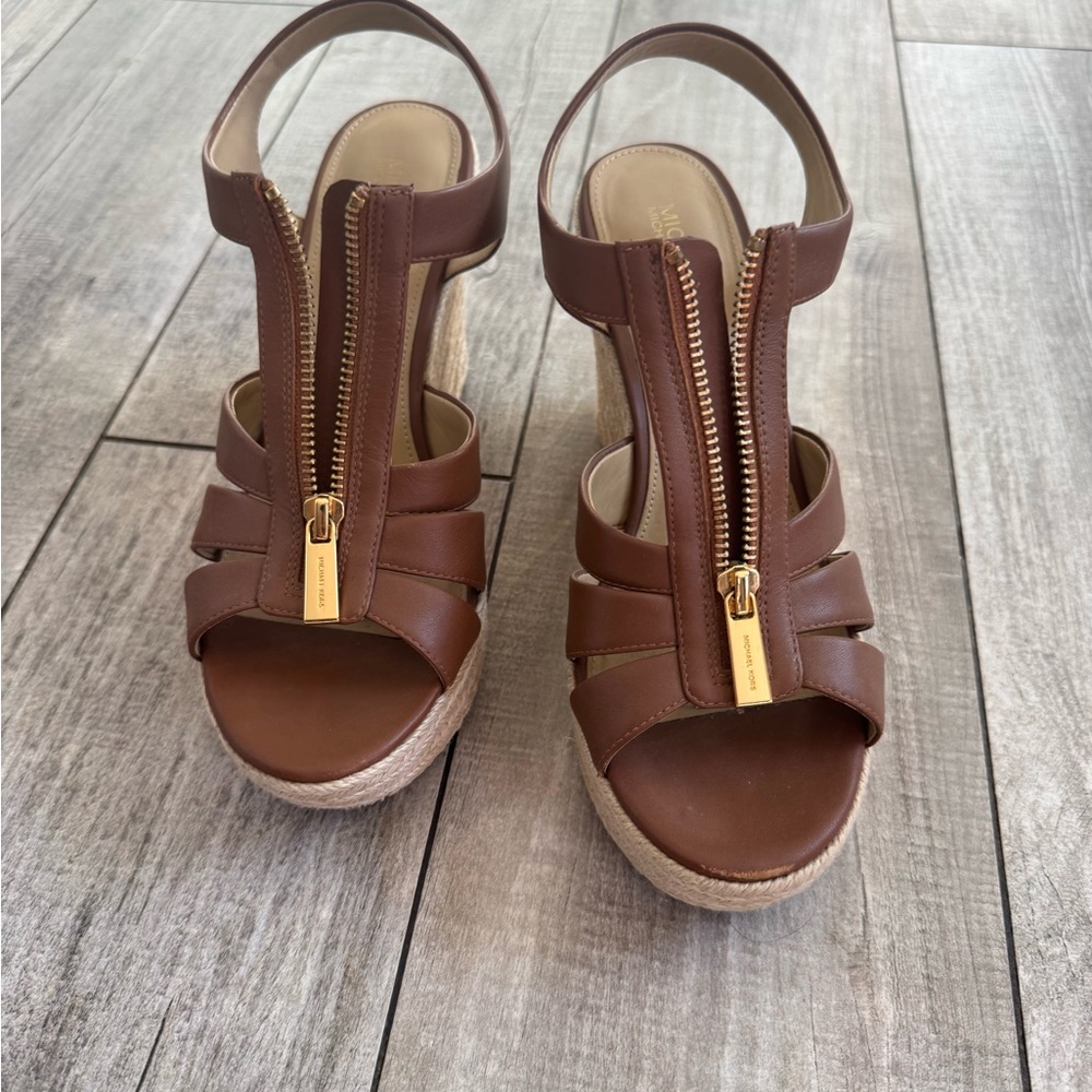 Michael Kors Brown Leather Wedge Sandals